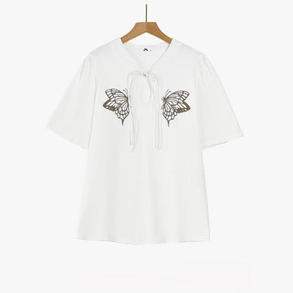 Blouse d'été grande taille à imprimé papillon et col cravate - Blanc - 6XL - image 1