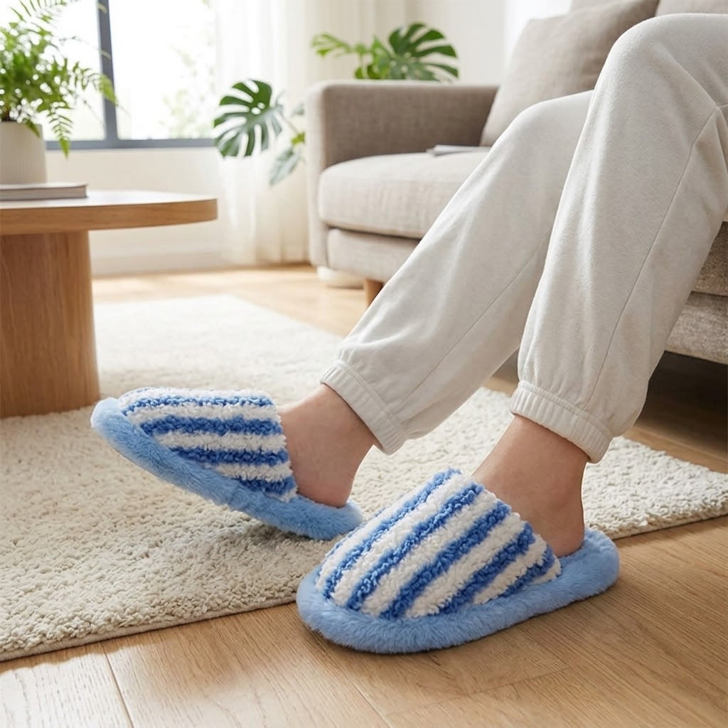 Pantoufles d'intérieur confortables à rayures en peluche - Bleu - EU40-41(US6-7) - image 1