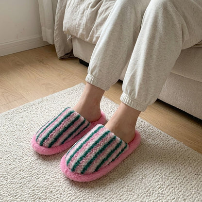 Pantoufles d'intérieur confortables à rayures en peluche - Rose - EU40-41(US6-7) - image 0