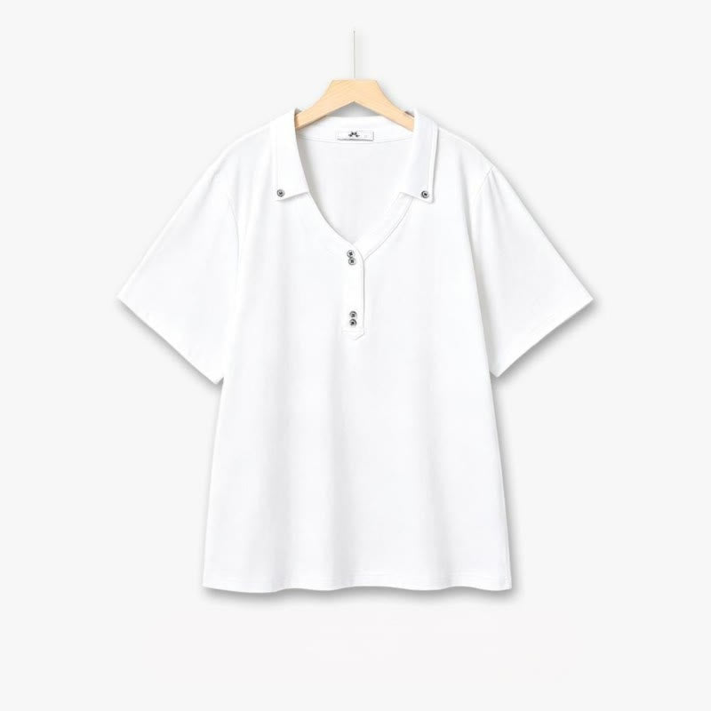 Chemisier grande taille à col V boutonné en mélange de coton - Blanc - 6XL - image 1