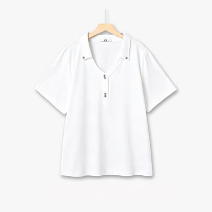 Chemisier grande taille à col V boutonné en mélange de coton - Blanc - 6XL - image 1