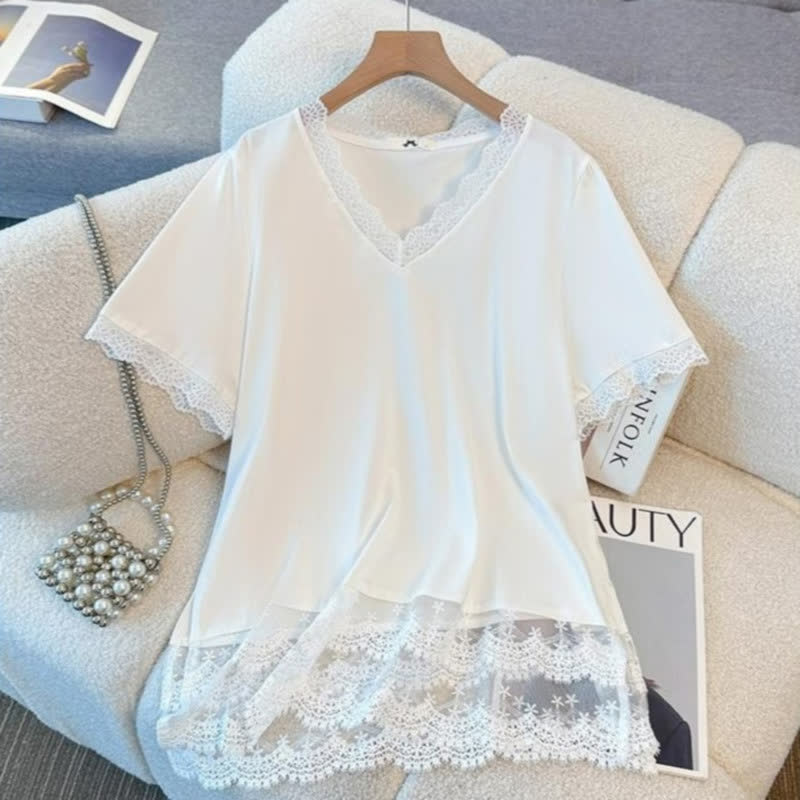 Ensemble haut à ourlet en dentelle grande taille et pantalon bleu marine à fleurs - Blouse - 6XL - image 1