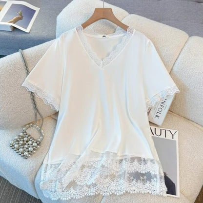 Ensemble haut à ourlet en dentelle grande taille et pantalon bleu marine à fleurs - Blouse - 6XL - image 1
