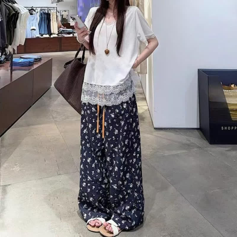 Ensemble haut à ourlet en dentelle grande taille et pantalon bleu marine à fleurs - Ensemble de 2 pièces - 6XL - image 0