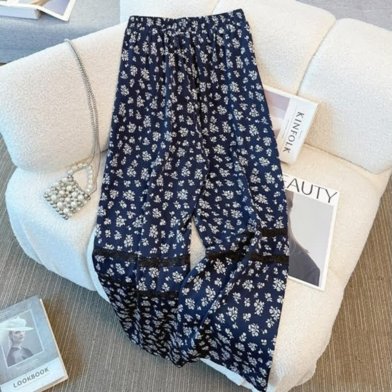 Ensemble haut à ourlet en dentelle grande taille et pantalon bleu marine à fleurs - image 4