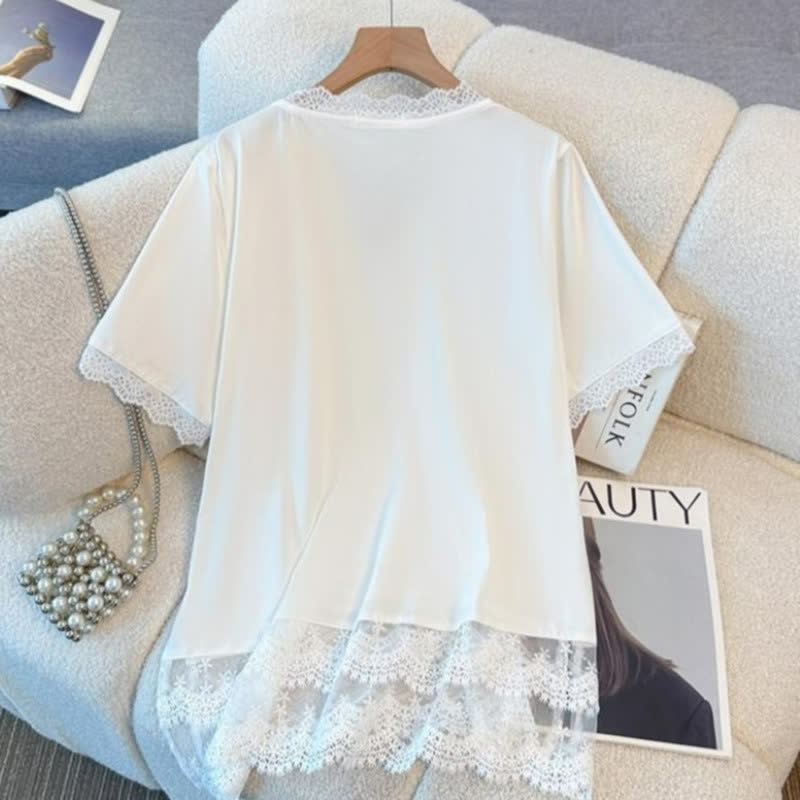 Ensemble haut à ourlet en dentelle grande taille et pantalon bleu marine à fleurs - image 2