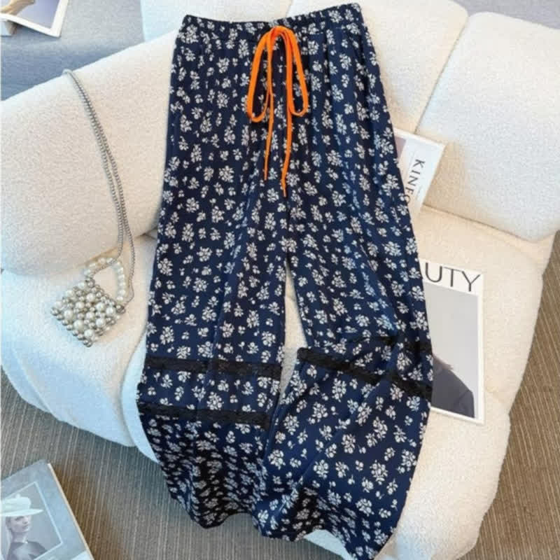 Ensemble haut à ourlet en dentelle grande taille et pantalon bleu marine à fleurs - Pantalon - 6XL - image 3