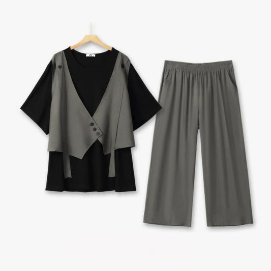 Ensemble deux pièces décontracté à col en V superposé - Gris - 6XL - image 0