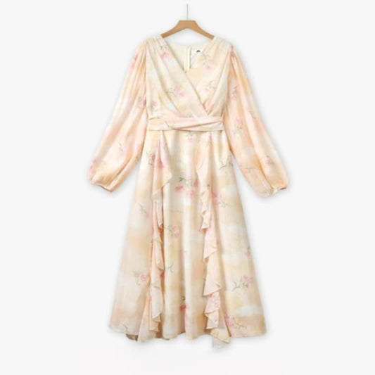 Robe longue portefeuille romantique à fleurs - Beige - 6XL - image 0