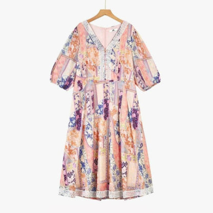 Robe midi vintage patchwork à fleurs - Rose - 6XL - image 0