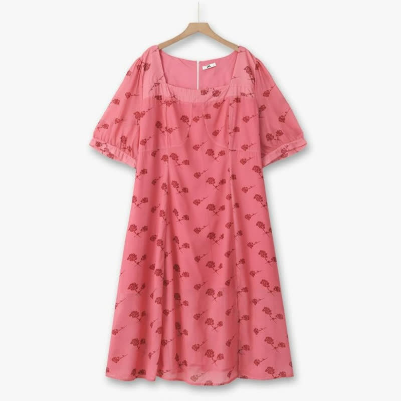 Robe midi vintage à fleurs et col carré - Rose - 6XL - image 0