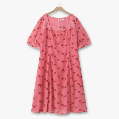 Robe midi vintage à fleurs et col carré - Rose - 6XL - image 0