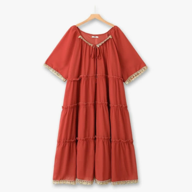 Robe maxi bohème à bordure en dentelle - Rouge - 6XL - image 0