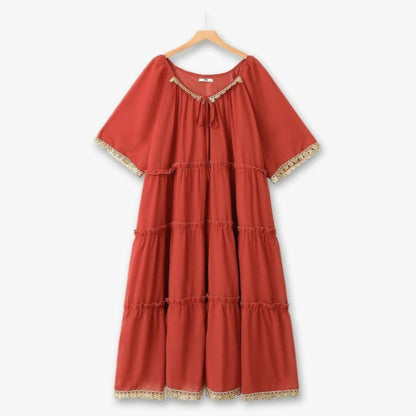 Robe maxi bohème à bordure en dentelle - Rouge - 6XL - image 0