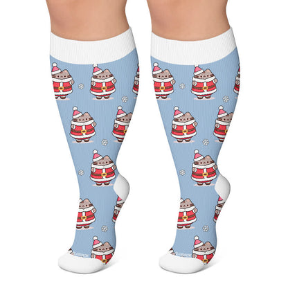 Chaussettes de compression grandes tailles pour Noël avec un adorable chat mignon - Bleu - 4XL - image 5