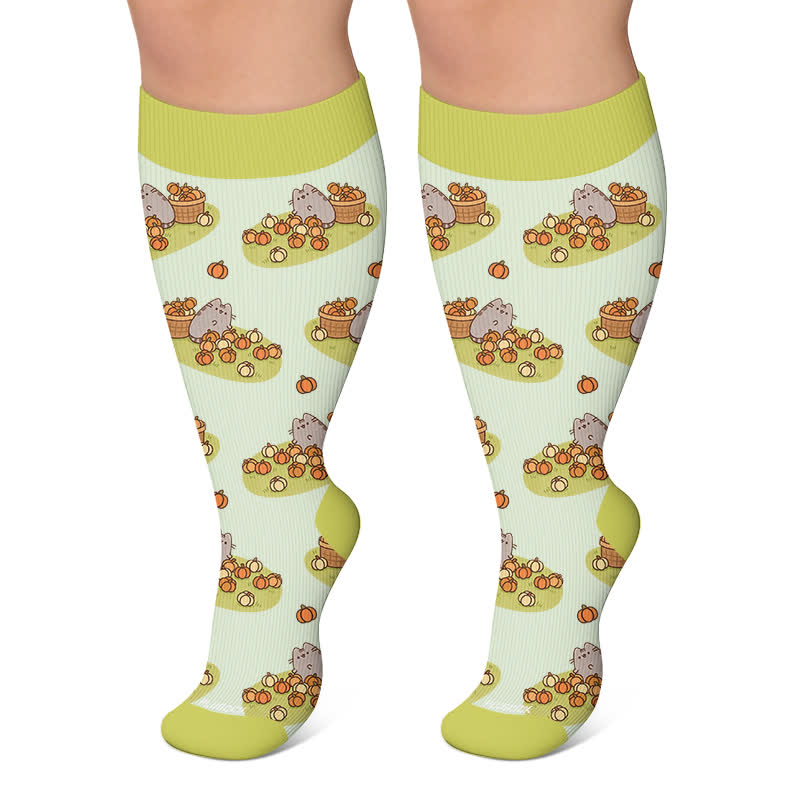 Chaussettes de compression grandes tailles à motifs chats et citrouilles pour l'automne - Vert - 4XL - image 5