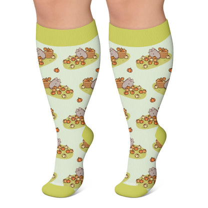 Chaussettes de compression grandes tailles à motifs chats et citrouilles pour l'automne - Vert - 4XL - image 5