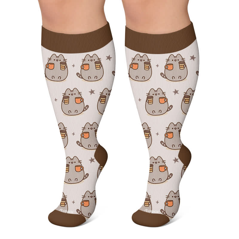 Chaussettes de compression grandes tailles à motifs chats et citrouilles pour l'automne - Café - 4XL - image 6