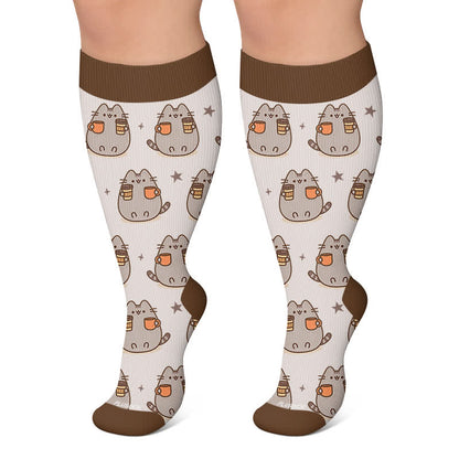 Chaussettes de compression grandes tailles à motifs chats et citrouilles pour l'automne - Café - 4XL - image 6