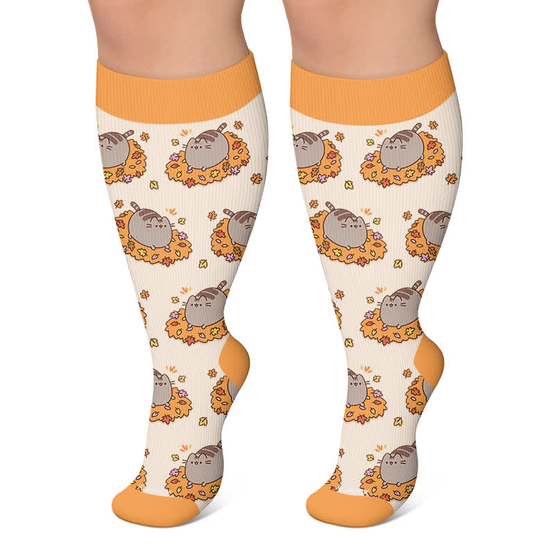Chaussettes de compression grandes tailles à motifs chats et citrouilles pour l'automne - Orange - 4XL - image 4