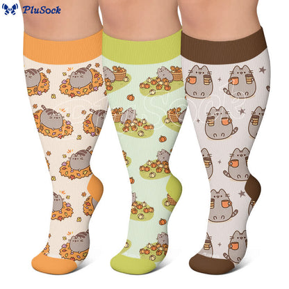 Chaussettes de compression grandes tailles à motifs chats et citrouilles pour l'automne - image 0