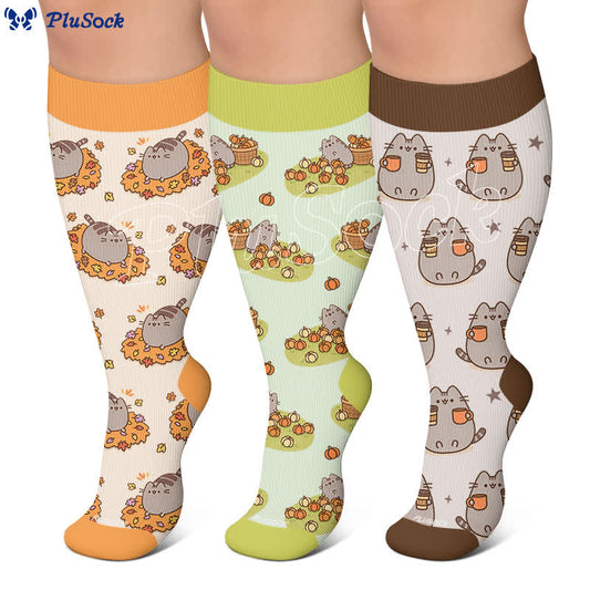 Chaussettes de compression grandes tailles à motifs chats et citrouilles pour l'automne - image 0