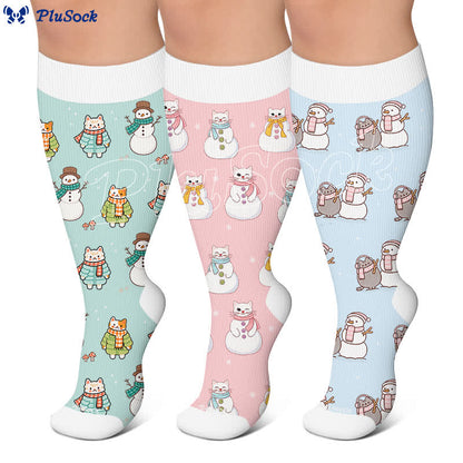 Chaussettes de compression grande taille bonhomme de neige chat - image 0