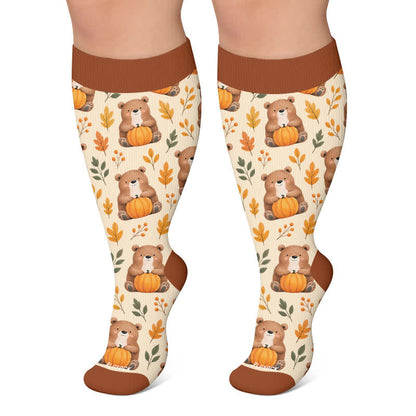 Chaussettes de compression grandes tailles à motif de feuilles d'animaux d'automne - Café - 4XL - image 4