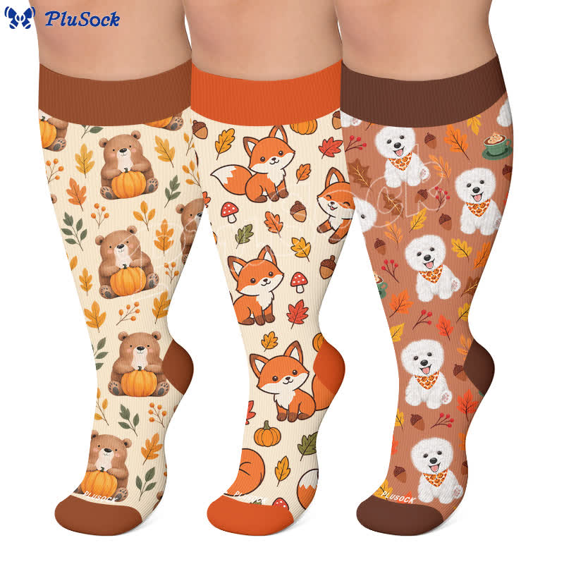Chaussettes de compression grandes tailles à motif de feuilles d'animaux d'automne - image 0