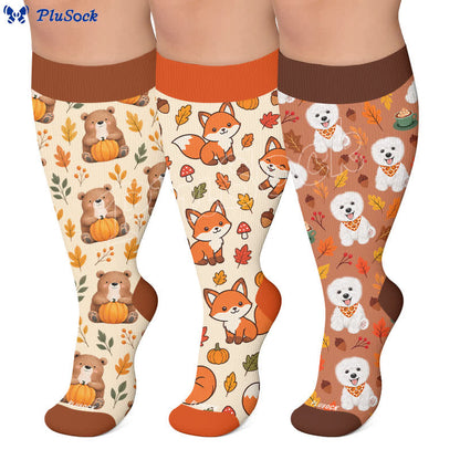 Chaussettes de compression grandes tailles à motif de feuilles d'animaux d'automne - image 0