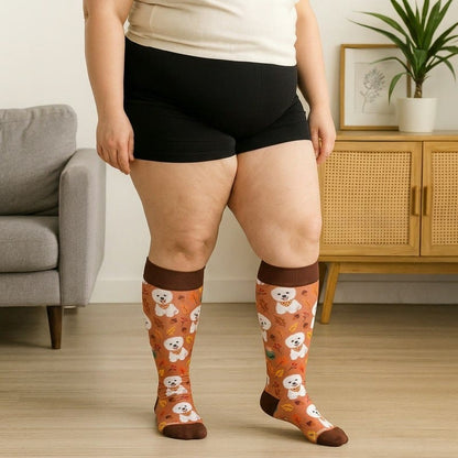 Chaussettes de compression grandes tailles à motif de feuilles d'animaux d'automne - image 1