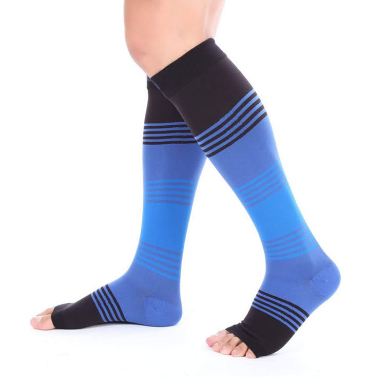 Chaussettes de compression à bout ouvert et rayures de couleurs mélangées - Bleu - L/XL - image 0