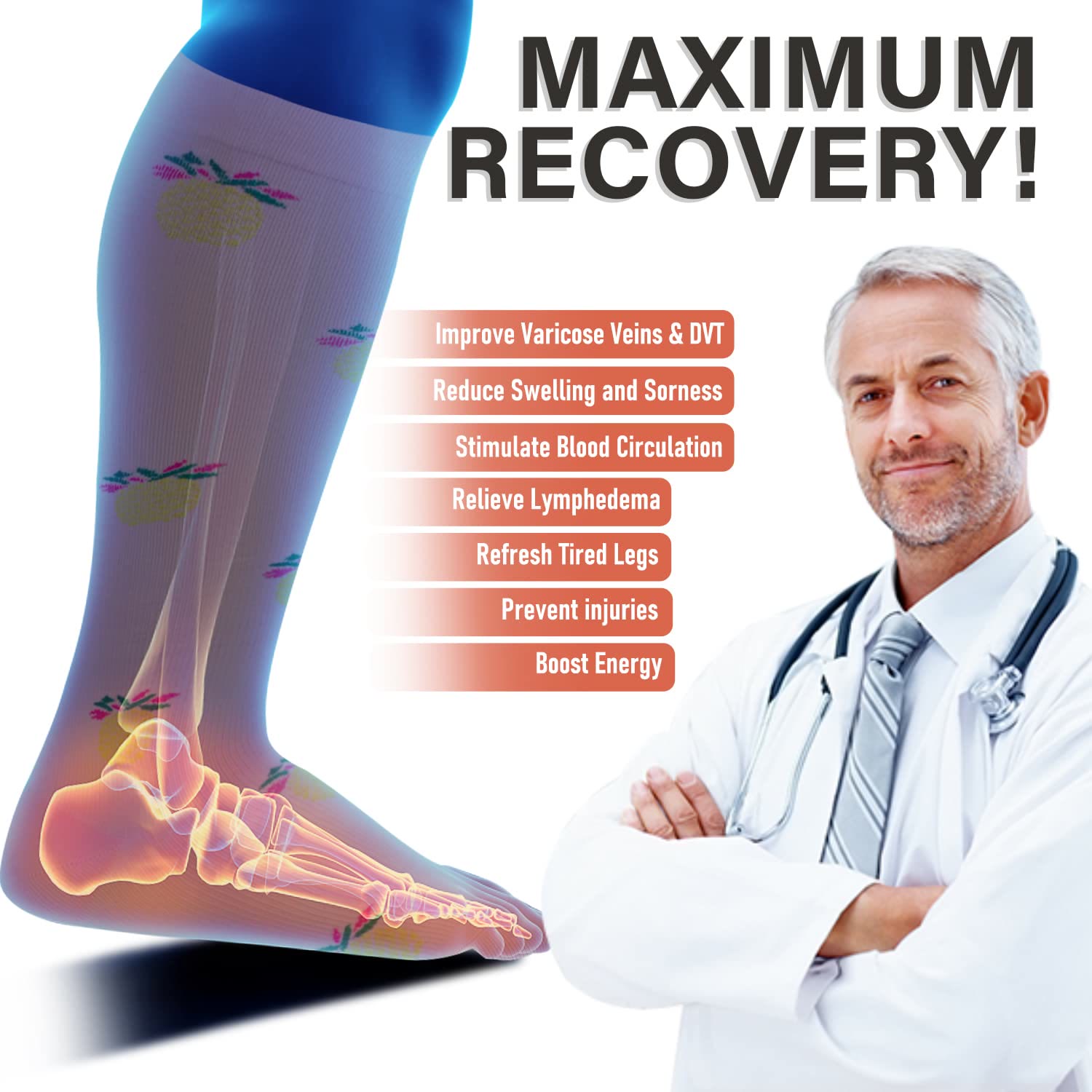 Chaussettes de compression Plusock ananas rose grande taille 2XL- 7XL (3 paires) - image 4