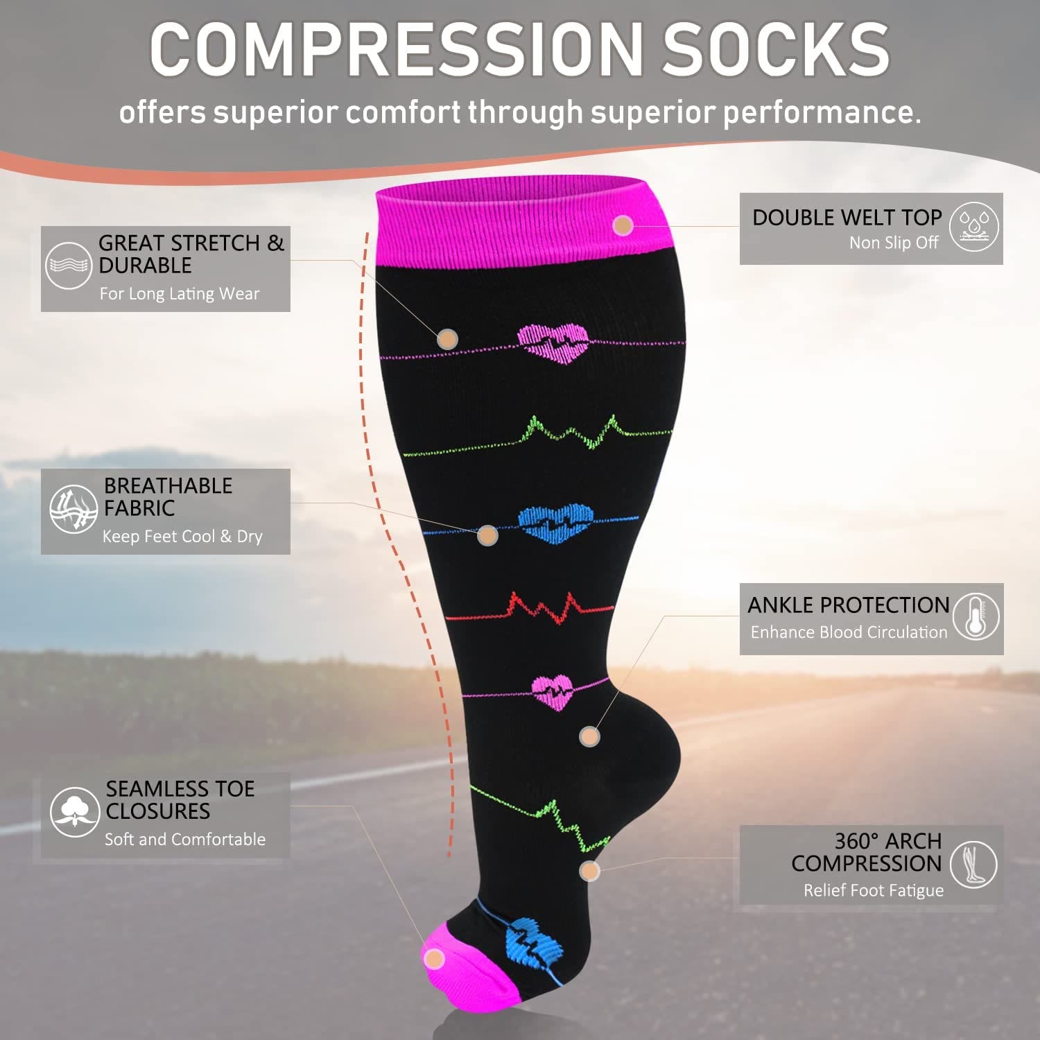 Chaussettes de compression Plusock violettes à motif électrocardiogramme, grandes tailles 2XL à 7XL (3 paires) - image 2