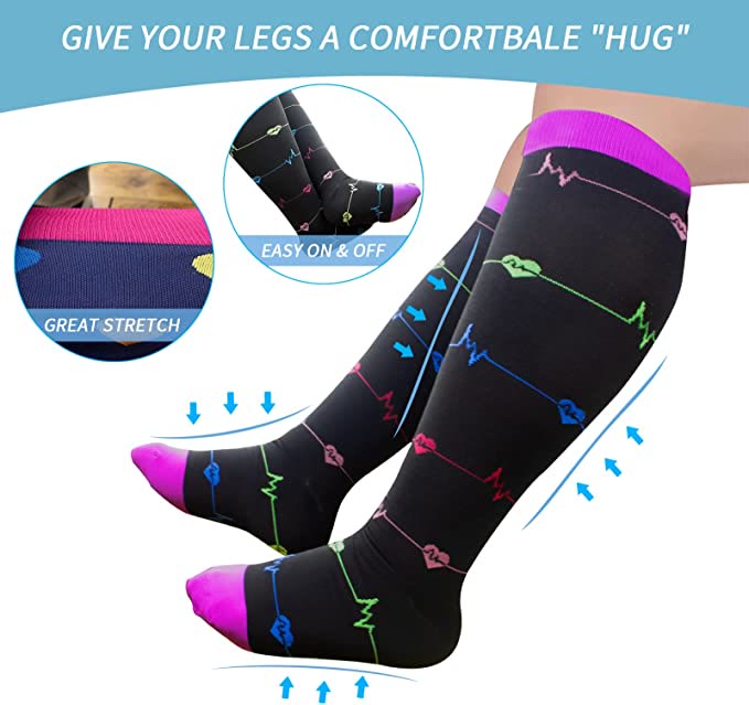Chaussettes de compression violettes à motif électrocardiogramme, grandes tailles 2XL à 7XL (3 paires) - image 3