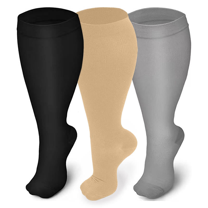 Chaussettes de compression Plusock unies, couleur pure, grandes tailles 2XL à 7XL (3 paires) - Noir, peau et gris - 7XL - image 0