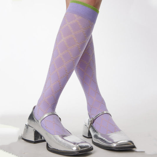 Chaussettes de compression transparentes à motif de losanges violets
