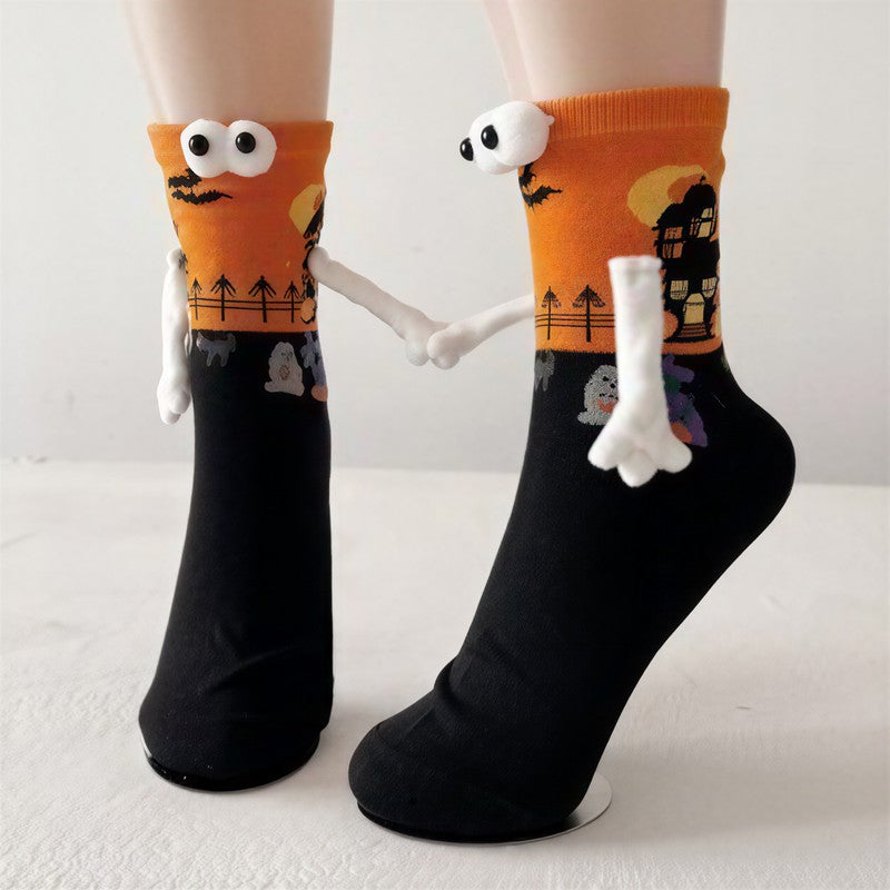 Chaussettes courtes à revers en peluche avec yeux 3D pour Halloween (3 paires) - Orange - EU36-40(US3-7) - image 1