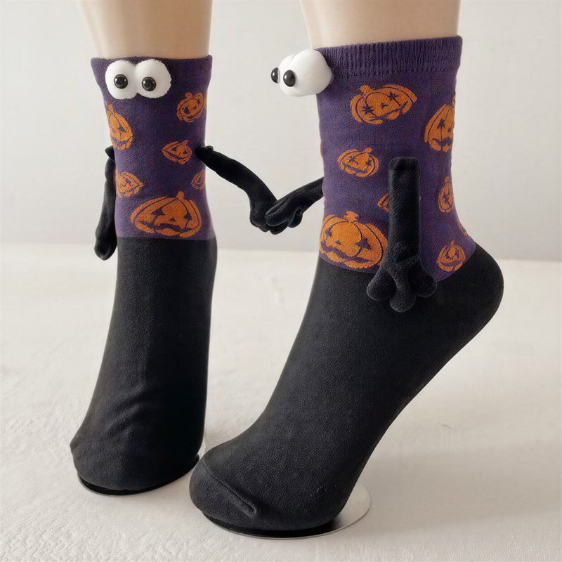Chaussettes courtes à revers en peluche avec yeux 3D pour Halloween (3 paires) - Violet - EU36-40(US3-7) - image 5