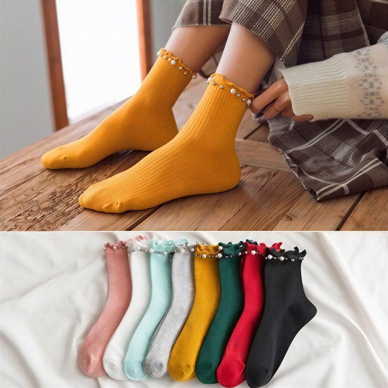Chaussettes courtes côtelées à volants et bordure perlée (4 paires) - image 0
