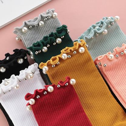 Chaussettes courtes côtelées à volants et bordure perlée (4 paires) - Rose + Vert + Jaune + Vert clair - EU36-40(US3-7) - image 9