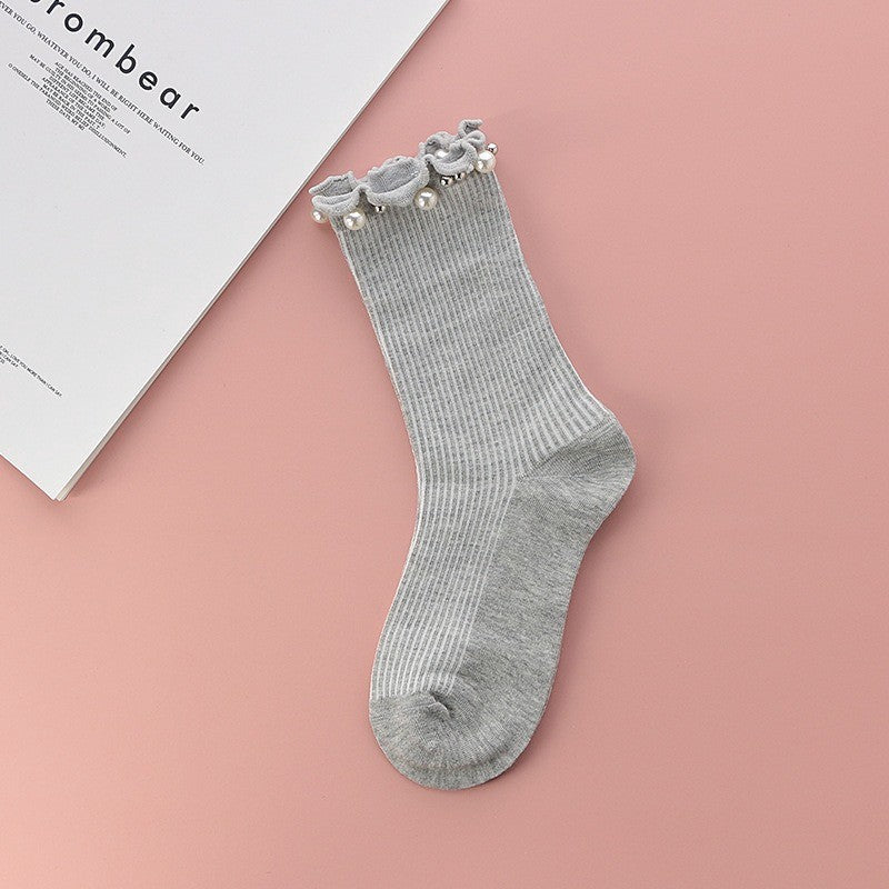 Chaussettes courtes côtelées à volants et bordure perlée (4 paires) - Gris - EU36-40(US3-7) - image 7