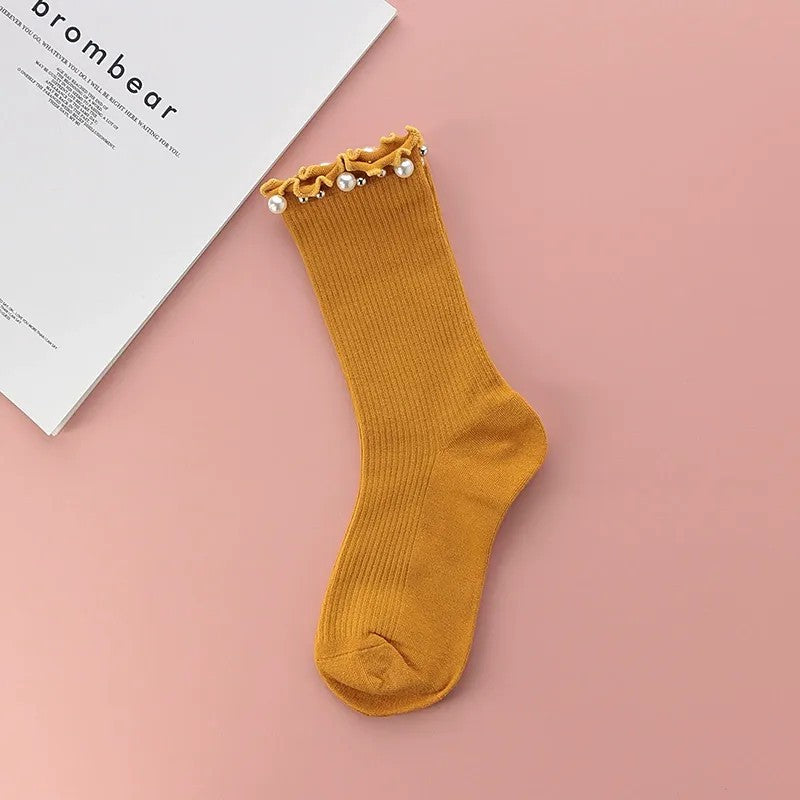 Chaussettes courtes côtelées à volants et bordure perlée (4 paires) - Jaune - EU36-40(US3-7) - image 4