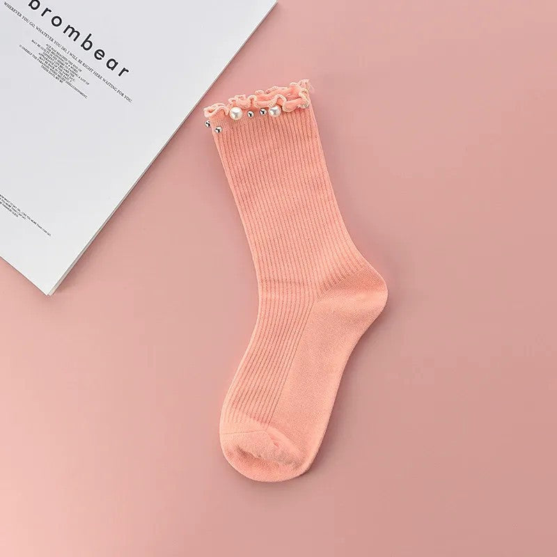 Chaussettes courtes côtelées à volants et bordure perlée (4 paires) - Rose - EU36-40(US3-7) - image 3