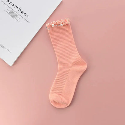 Chaussettes courtes côtelées à volants et bordure perlée (4 paires) - Rose - EU36-40(US3-7) - image 3