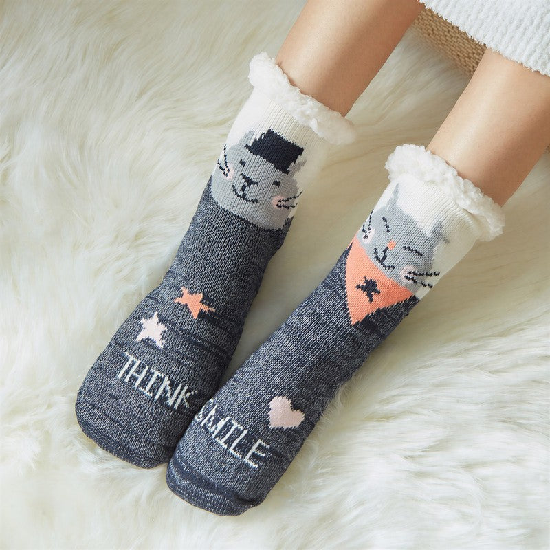 Chaussettes-chaussons mi-mollet confortables à revers en sherpa à rayures panda - Gris - 42(US2-8) - image 4
