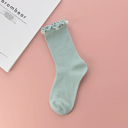 Chaussettes courtes côtelées à volants et bordure perlée (4 paires) - Vert clair - EU36-40(US3-7) - image 1