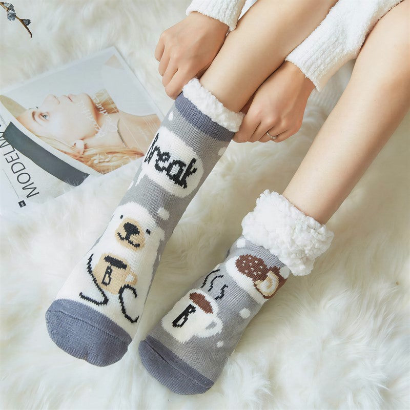 Chaussettes-chaussons mi-mollet confortables à revers en sherpa à rayures panda - Bleu clair - 42(US2-8) - image 0