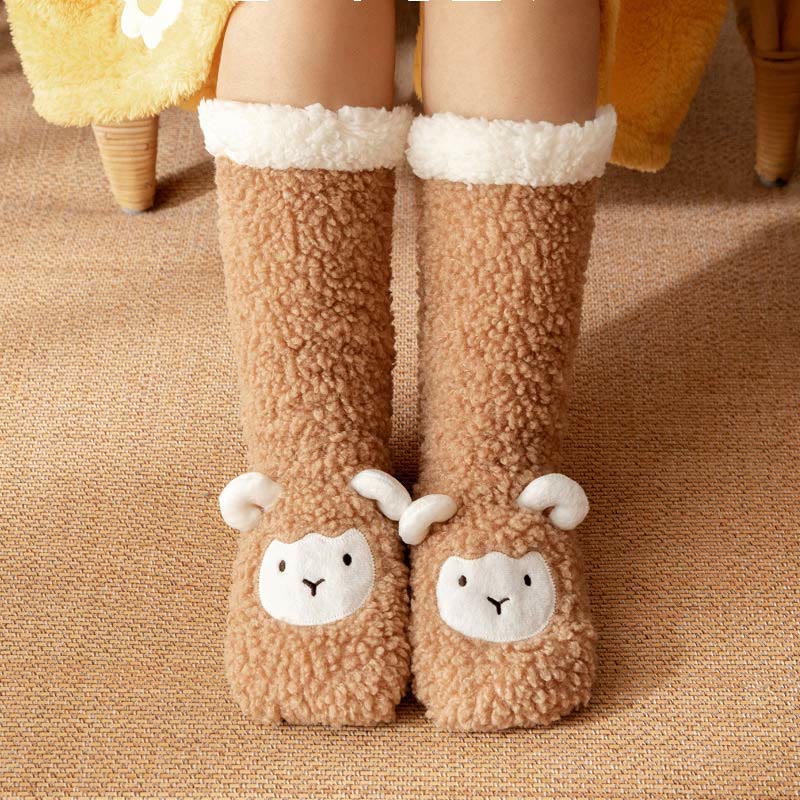Chaussons-chaussettes d'hiver en polaire corail à motif agneau - Café - EU36-42 (US3-8.5) - image 7