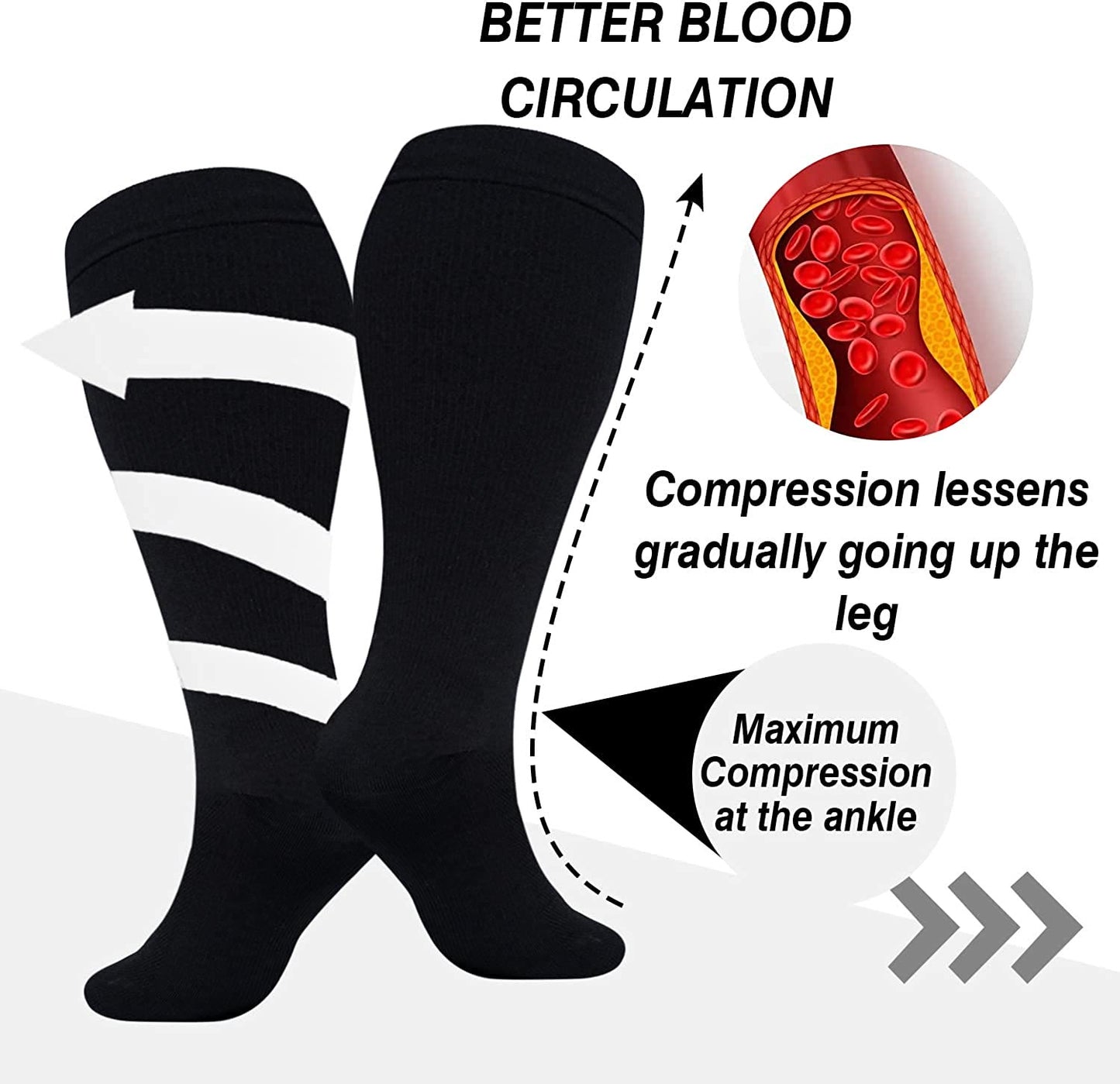 Chaussettes de compression de grande taille, couleur unie, 2XL-7XL (3 paires)